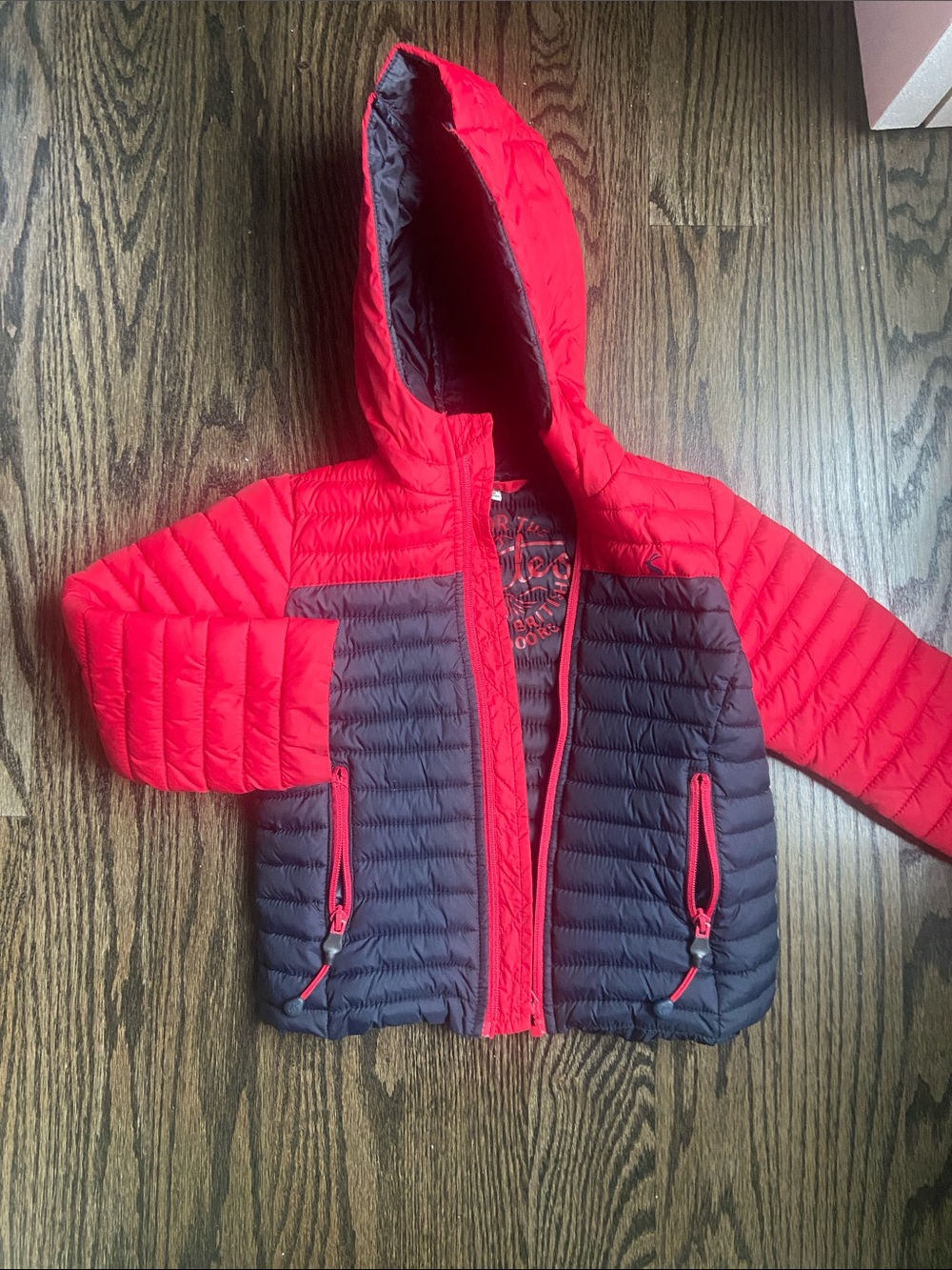 Joules Two-Tone Red and Charcoal Puffer Jacket with Hood 3T